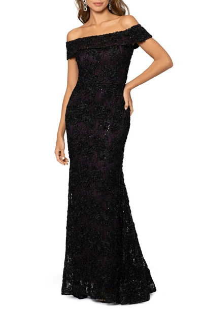 Xscape Off The Shoulder Sequin Lace Trumpet Gown In Black Navy
