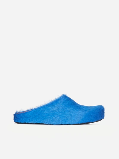 Marni Long Hair Leather Sabot Loafers In Blue