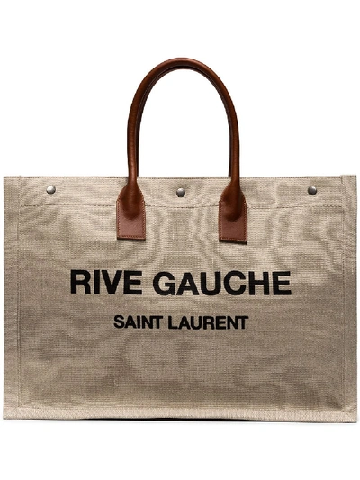 Saint Laurent Large Canvas & Leather Rive Gauche Noe Tote In Beige