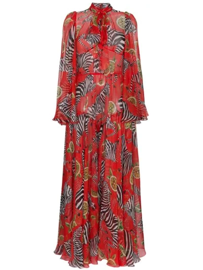 Dolce & Gabbana Tie-neck Long-sleeve Zebra-print Unlined Jumpsuit In Red