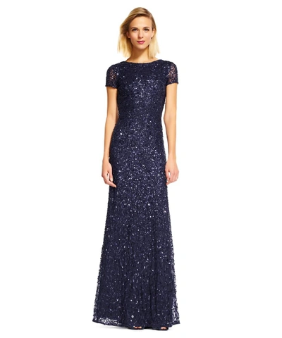 Adrianna Papell Sequin Cowl Back Gown In Navy