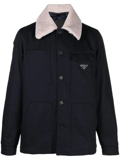 Prada Blue Denim Jacket With Sheepskin Collar
