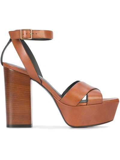 Saint Laurent Leather Farrah Cross Strap Platform Sandals In Brown