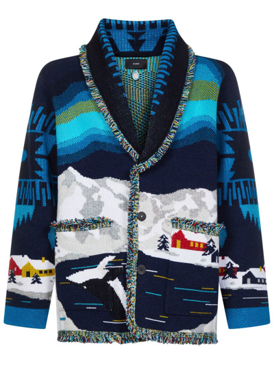 Alanui Arctic Surfers Shawl-collar Fringed Cashmere Jacquard Cardigan In Blue