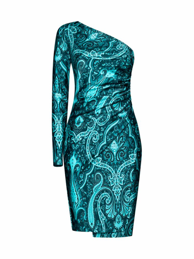 Etro Paisley-print Ruched One-shoulder Mini Dress In Teal Green