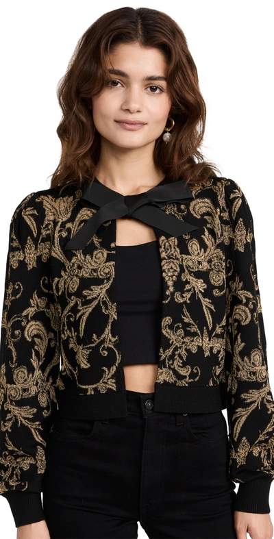 Alice And Olivia Kitty Baroque-print Puff-sleeve Cardigan In Black/ Gold