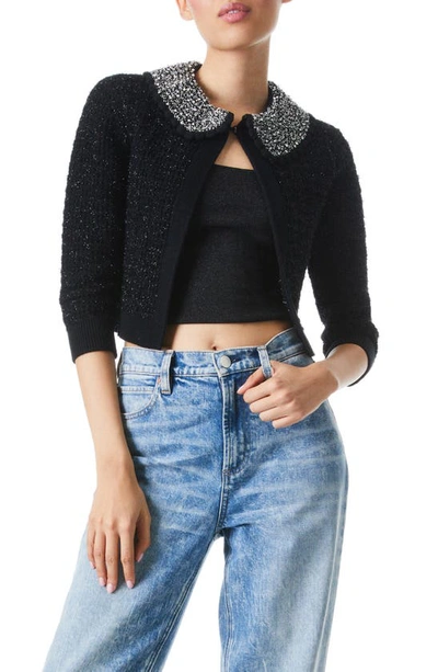 Alice And Olivia Akira Textured Cardi With Embellished Crystals In Black Metallic