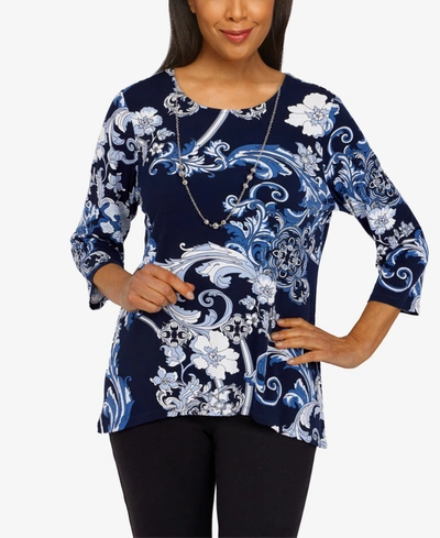 Alfred Dunner Petite Size Classics Floral Scroll Puff Print Top With Detachable Necklace In Navy