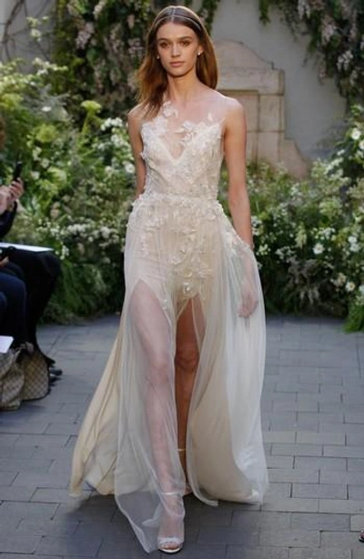 Monique Lhuillier Garland Embroidered Illusion Gown In Sorbet/nude