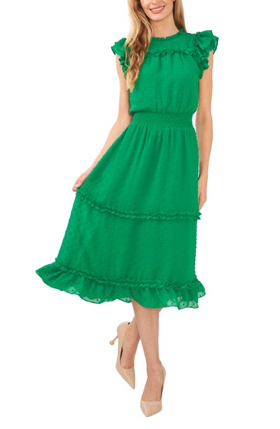 Cece Ruffled Swiss Dot Midi Dress In Lush Green