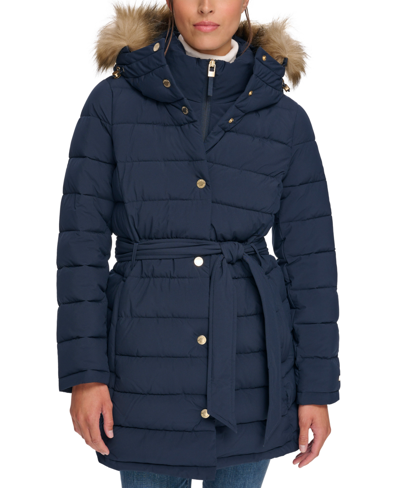 Tommy Hilfiger Women's Belted Faux-fur-trim Hooded Puffer Coat, Created For Macy's In Navy