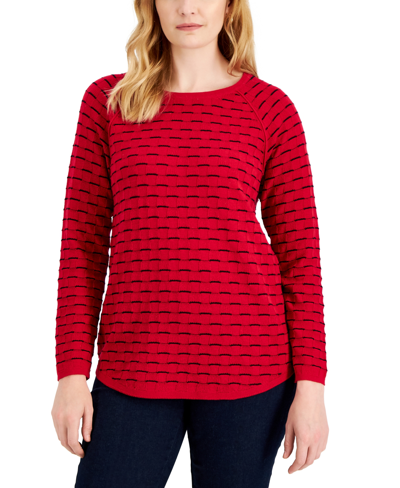 Karen Scott Petite Cotton Curved-hem Tuck-stitch Pullover Sweater, Created For Macy's In New Red Amore Combo