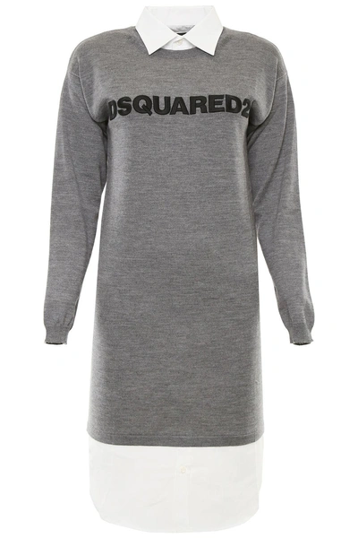 Dsquared2 Wool And Cotton Dress In Grey Melange White (grey)