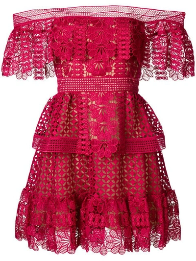 Self-portrait Off-the-shoulder Tiered Guipure Lace Mini Dress In Red |  ModeSens