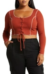 Bp. Lace-up Organic Cotton Blend Top In Rust Henna