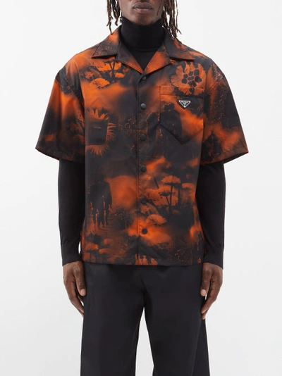 Prada Cuban-collar Floral-print Re-nylon Shirt In Orange