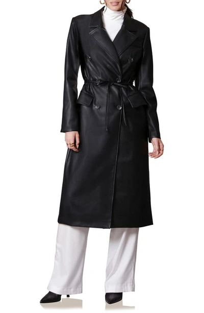 Avec Les Filles Water Resistant Faux Leather Trench Coat In Black