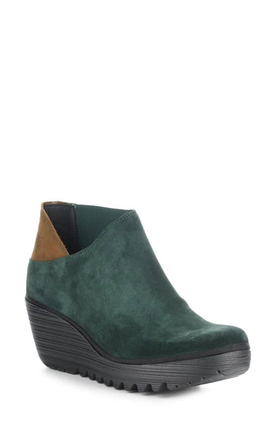 Fly London Yego Wedge Bootie In Green Forest/ Cam Oil Suede