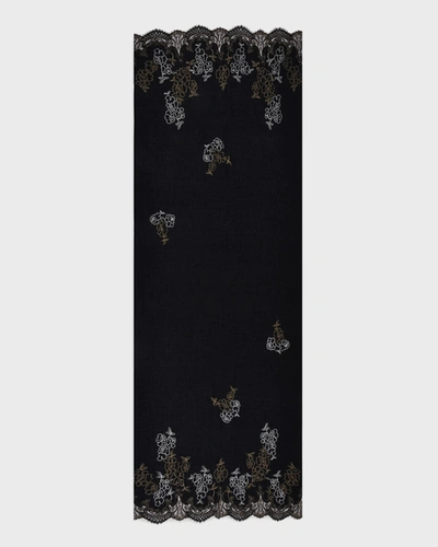 K Janavi Beaded Floral Lace Border Cashmere Scarf In Black