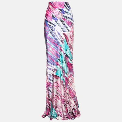 Pre-owned Roberto Cavalli Pink Multicolor Abstract Print Silk Maxi Skirt M