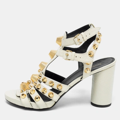 Pre-owned Balenciaga Cream Leather Arena Studded Gladiator Block Heel Sandals Size 38