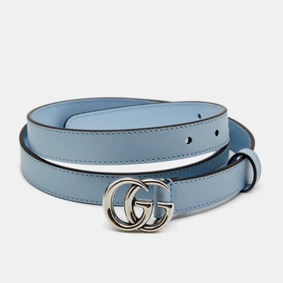 Pre-owned Gucci Blue Leather Gg Marmont Buckle Slim Belt 95 Cm