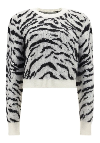Alessandra Rich White Zebra Intarsia Crystal Embellished Sweater