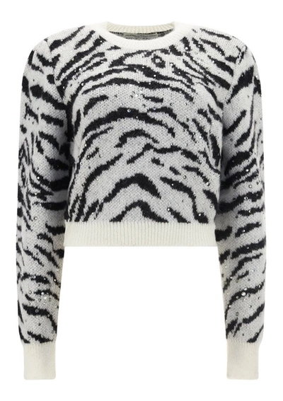 Alessandra Rich White Zebra Intarsia Crystal Embellished Jumper