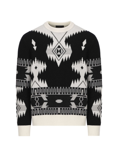 Alanui Icon Jacquard Sweater In Black And White Wool In Black,grey,white