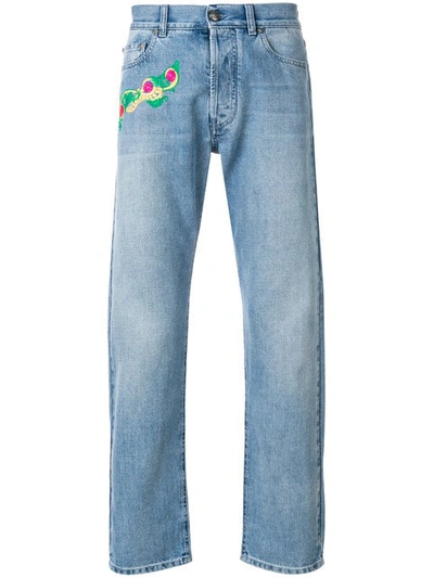 Versace Embroidered Detail Jeans In Blue