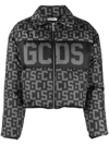 Gcds Woman Black Crop Down Jacket With Monogram Pattern And Logo Band In Grey,black