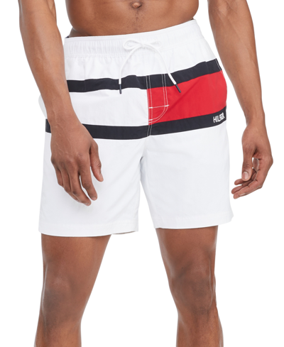 Tommy Hilfiger Men's Tommy Flag 5" Swim Trunks, Created For Macy's In Optic White Th