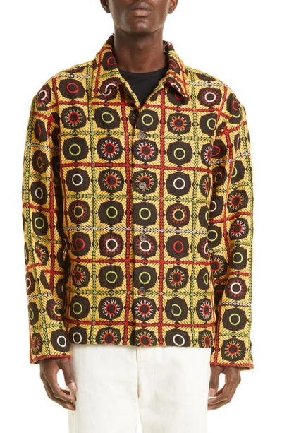 Bode Circle-embroidered Linen Jacket In Yellow Multi