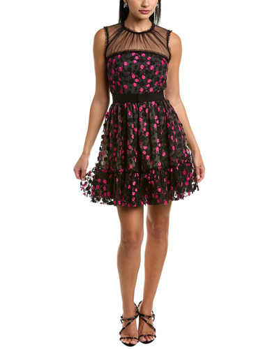 Zac Posen Floral Embellished Tulle Lace-yoke Mini Dress In Black