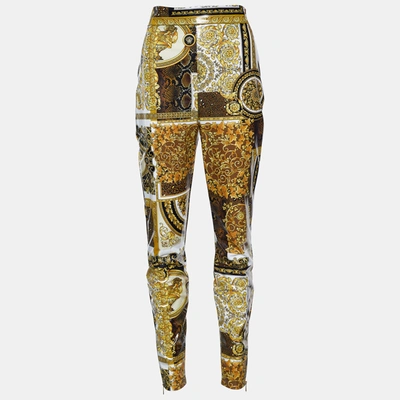 Pre-owned Versace Gold & Black Coated Knit Barocco Print Leggings M