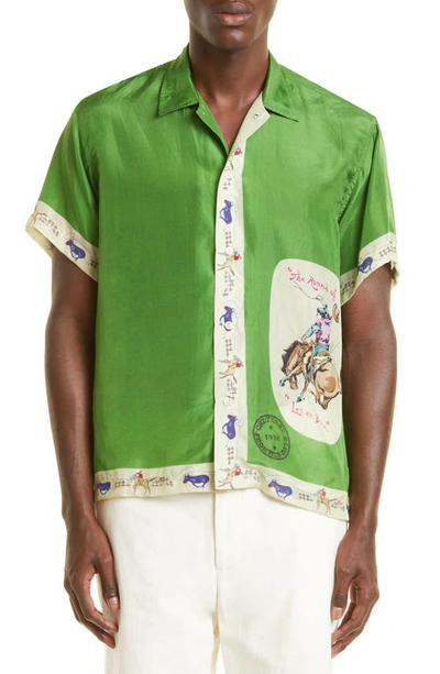 Bode Round Up Camp-collar Printed Silk-twill Shirt In Green Multi | ModeSens