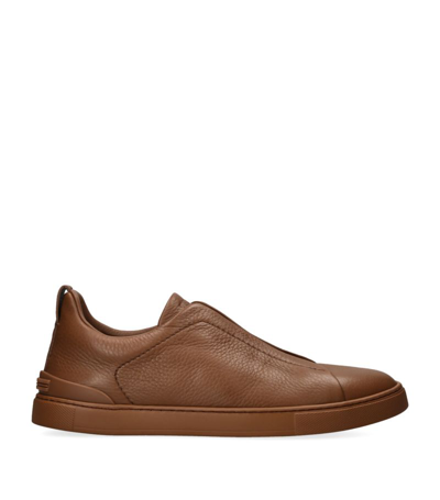 Zegna Leather Tennis Sneakers In Brown