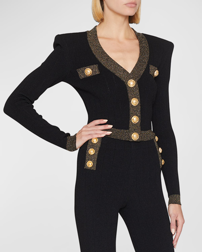 Balmain Cropped Ribbed Button-front Cardigan In Black,gold