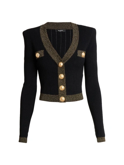 Balmain Cropped Ribbed Button-front Cardigan In Black