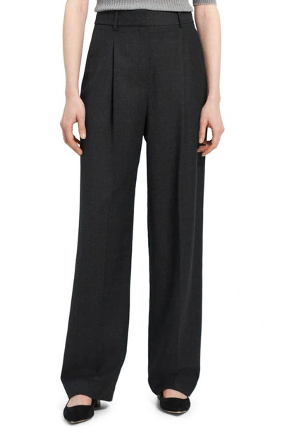 Theory Pleated Wool Wide-leg Trousers In New Charcoal
