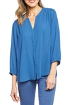 Nydj Three Quarter Sleeve Printed Pintucked Back Blouse In Deja Blu
