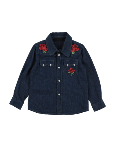 Mini Rodini Shirt With Rose Embroidery In Blue Denim Organic Cotton Kids  Kids