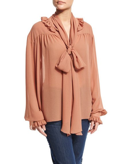 See By Chloé Long-sleeve Oversized Ruffle-trim Top, Dusty Pink | ModeSens