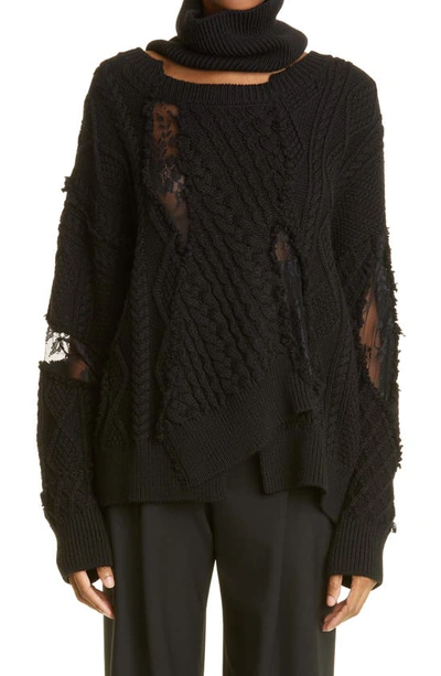 Monse Torn Lace Cable Knit Merino Wool Turtleneck Sweater In Black