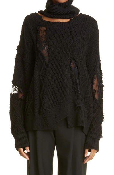 Monse Torn Lace Cable Knit Merino Wool Turtleneck Jumper In Black