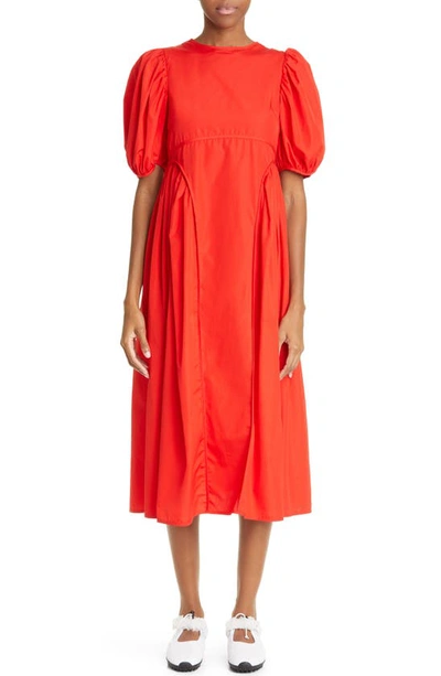 Cecilie Bahnsen Finnegan Puff Sleeve Cotton Poplin Midi Dress In Rosso