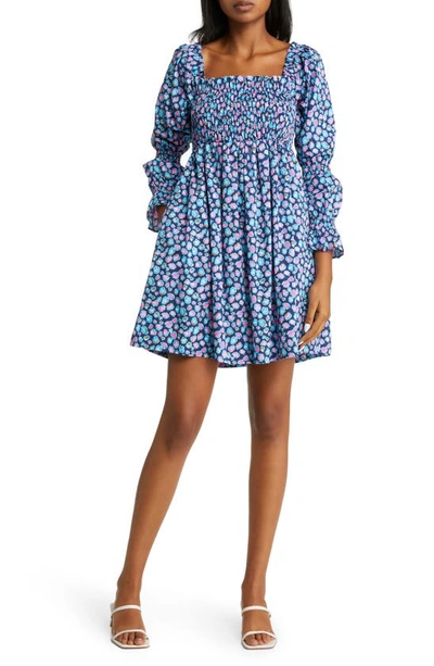 Lilly Pulitzer Beyonca Spot Print Smocked Cotton Babydoll Dress In Navy Blue