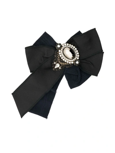 Pre-owned Dolce & Gabbana 1990s Crystal-embellished Bow Brooch In Black