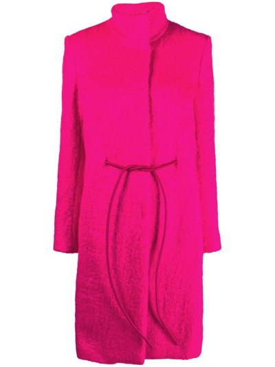 Genny High-collar Belted Coat In Fuchsia