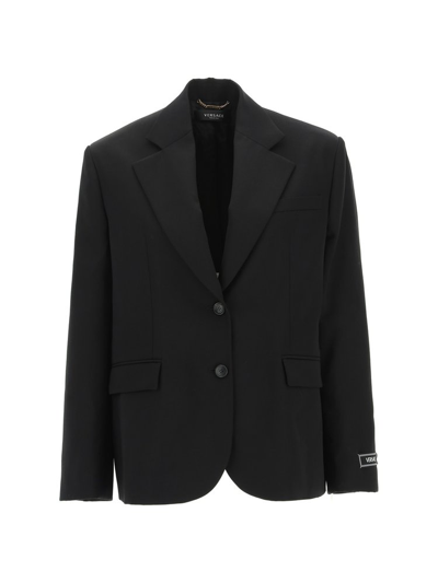 Versace Logo-patch Single-breasted Blazer In Schwarz